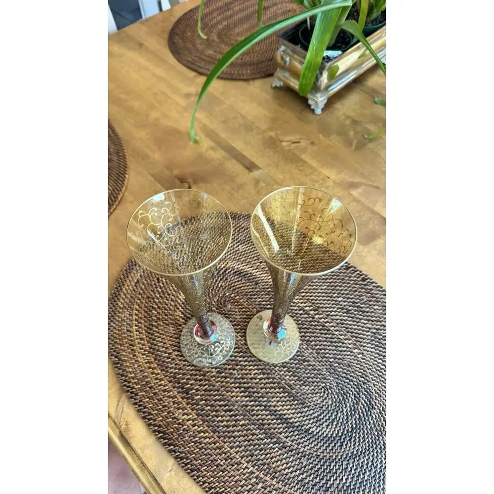 Pier 1 Imports Rioja Ruby and Gold Hand Painted Champagne Flute Glasses